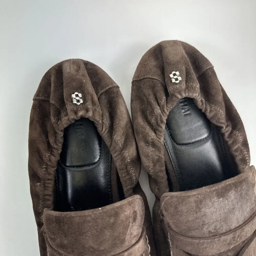 Simkhai Danna Suede Loafer Brown Ruched Heel Penny Flat Slip On Classic 38 7.5‎